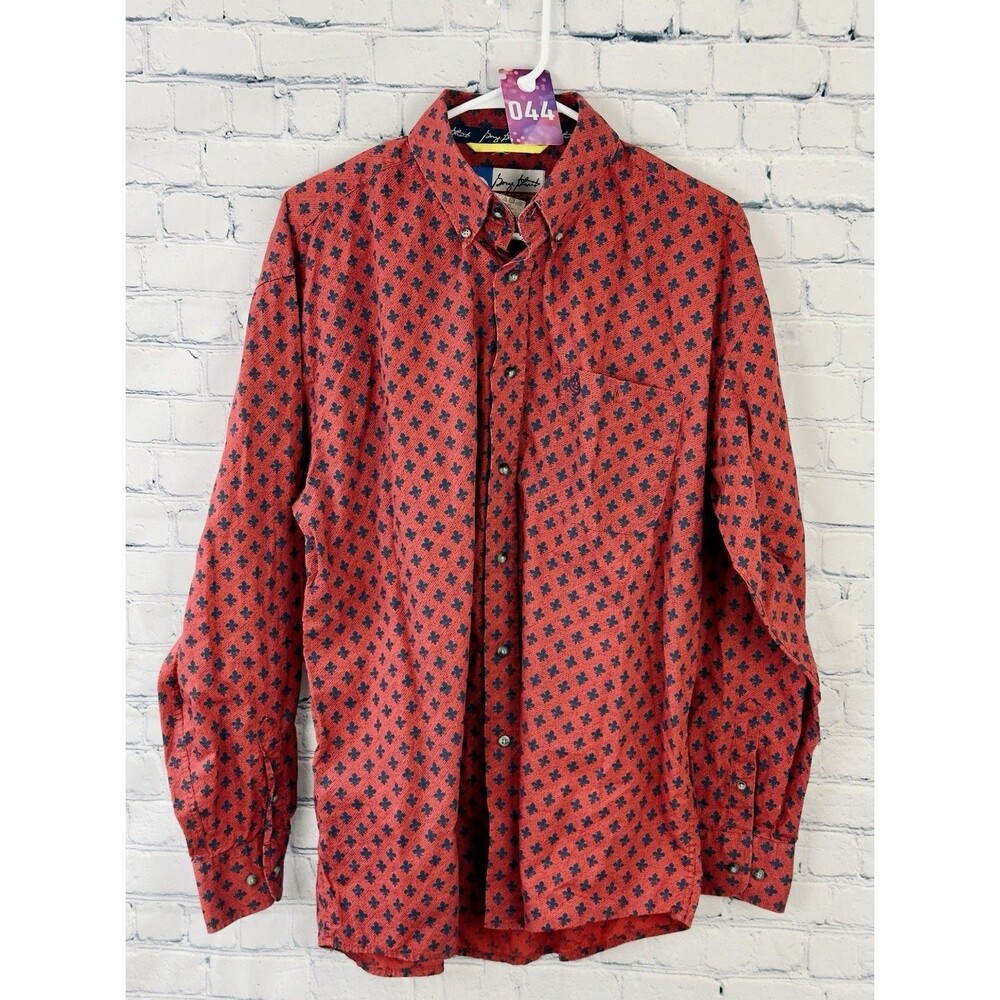 Vtg Geoge Strait Fleurs-De-Lis Red/Navy Sz L Long Sleeve Cotton Button Up Shirt